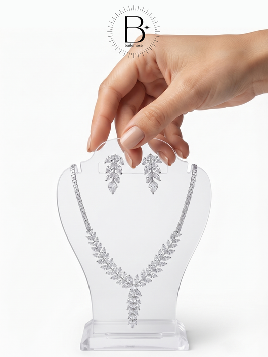 Handmade Sparkling Leaf Bridal Pendant Necklace And Earrings