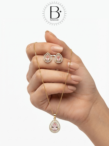 Lab Grown Morganite Pear Halo Necklace