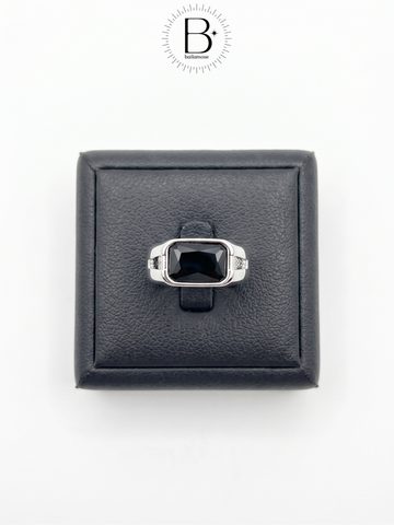Men's Silver Rectangular Black Stone Ring