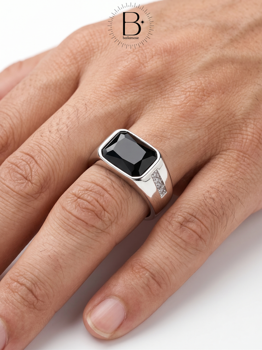 Men's Silver Rectangular Black Stone Ring