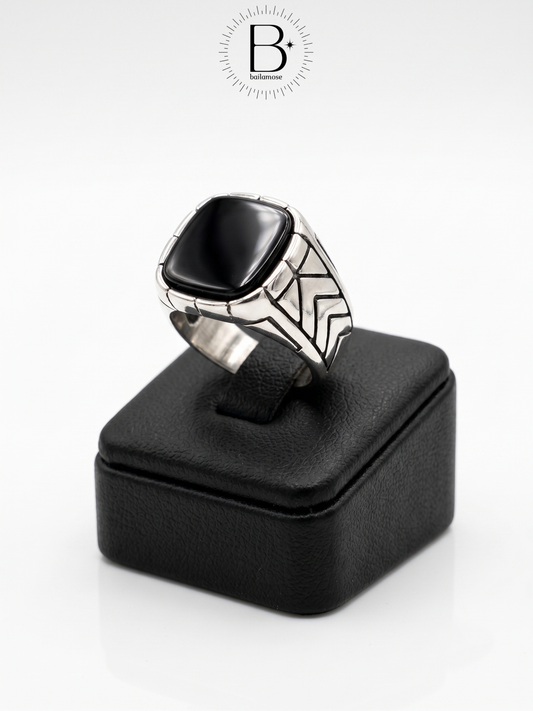 Men's Silver Geometric Black Stone Ring