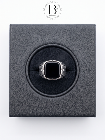 Men's Silver Geometric Black Stone Ring