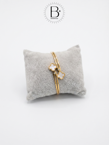 Double Pearl Clover Open Cuff Bracelet