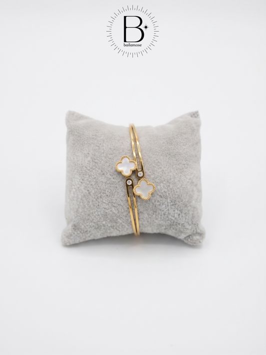 Double Pearl Clover Open Cuff Bracelet